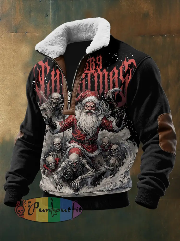 Men’s Gothic Santa Claus Printed Long Sleeved Stand Up Collar Lambhair Zipper Top