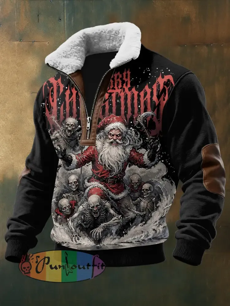 Men’s Gothic Santa Claus Printed Long Sleeved Stand Up Collar Lambhair Zipper Top
