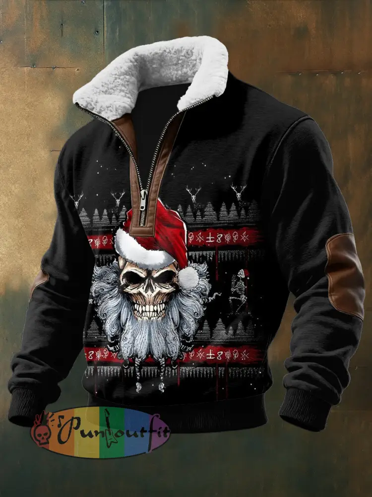 Men’s Gothic Santa Claus Printed Long Sleeved Stand Up Collar Lambhair Zipper Top