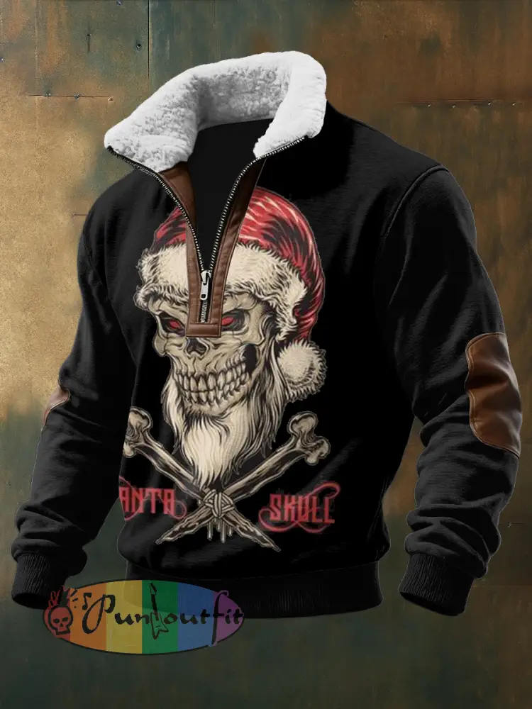 Men’s Gothic Santa Claus Printed Long Sleeved Stand Up Collar Lambhair Zipper Top