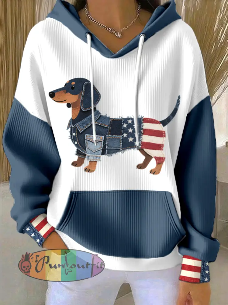 Women’s American Flag Inspired Dachshund Denim Patchwork Pattern Hoodie