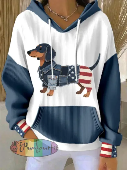 Women’s American Flag Inspired Dachshund Denim Patchwork Pattern Hoodie