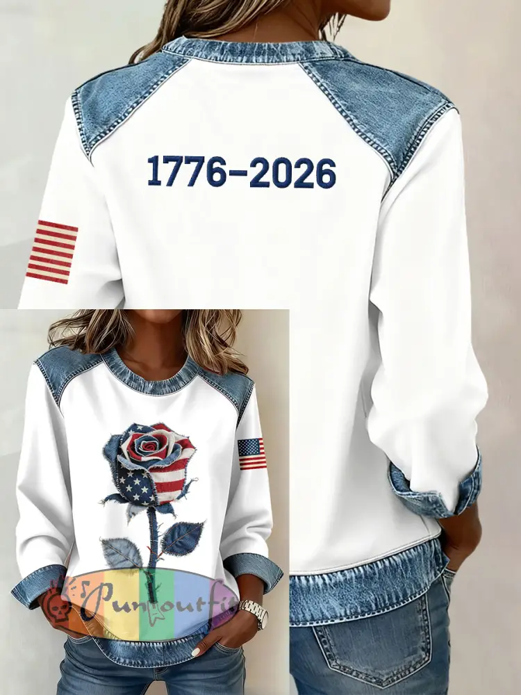 Women’s American Flag Inspired Rose Pattern Denim Patchwork Sweatshirt