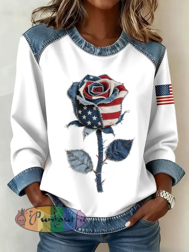 Women’s American Flag Inspired Rose Pattern Denim Patchwork Sweatshirt