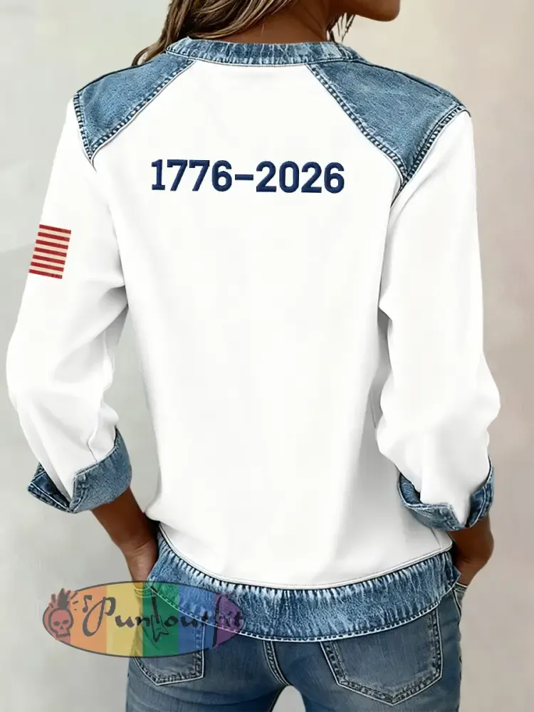 Women’s American Flag Inspired Rose Pattern Denim Patchwork Sweatshirt