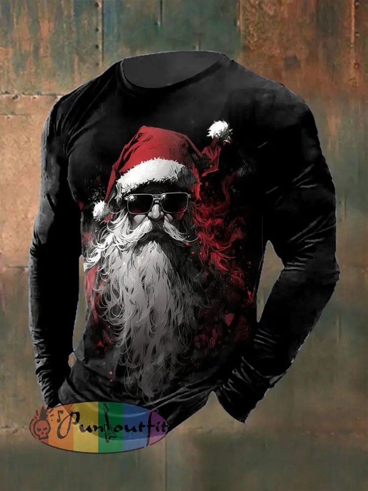 Men’s Gothic Christmas Printed Long Sleeved Round Neck T-shirt