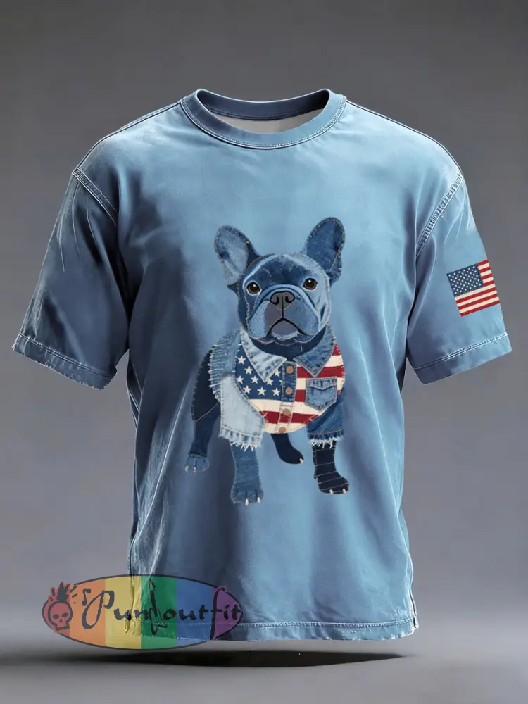 Men’s Denim Patchwork Art French Bulldog Pattern Washed T-Shirt