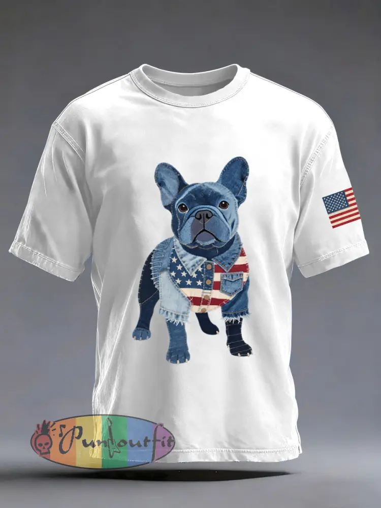 Men’s Denim Patchwork Art French Bulldog Pattern Washed T-Shirt