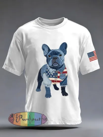 Men’s Denim Patchwork Art French Bulldog Pattern Washed T-Shirt