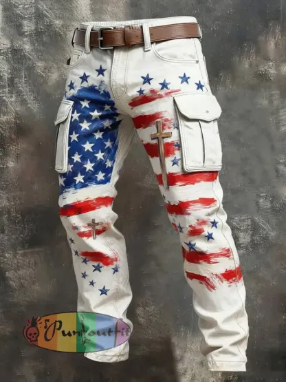 Men’s Retro Faith American Flag Art Pocket Cargo Pants