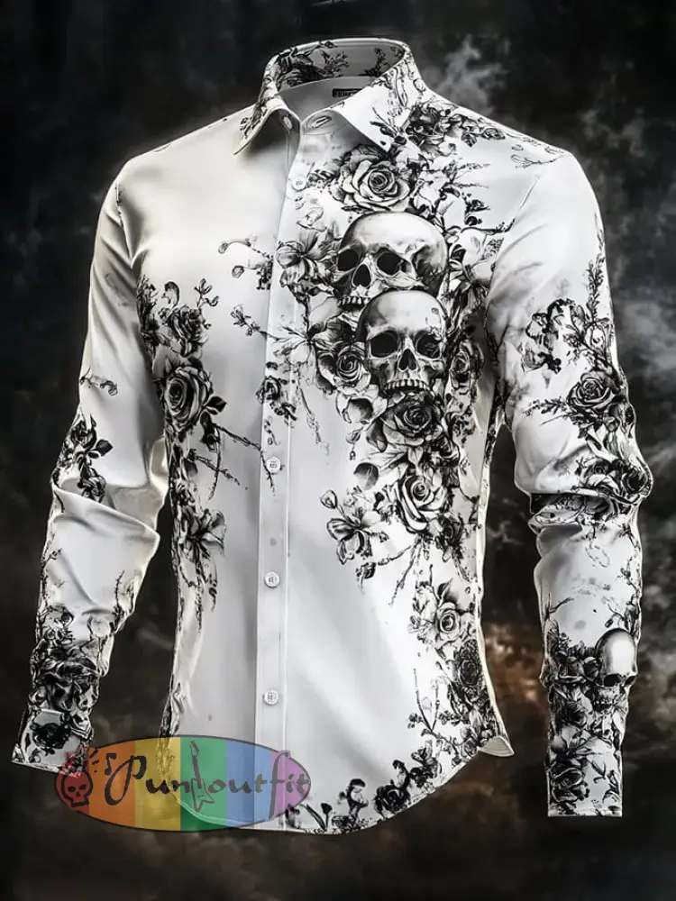 Men’s Retro Valentines Day Skull Long-Sleeved Shirt
