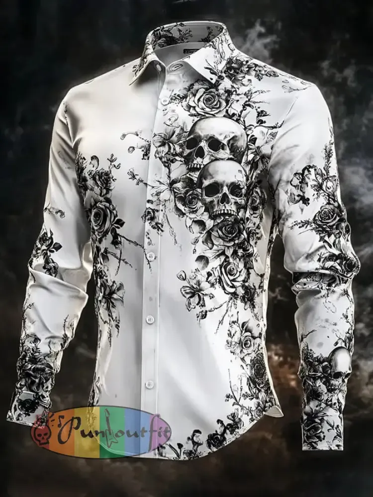 Men’s Retro Valentines Day Skull Long-Sleeved Shirt