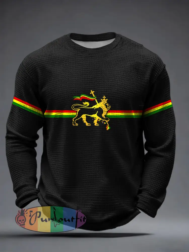 Men’s Reggae Music Inspired Lion Print Waffle Long-Sleeve T-Shirt