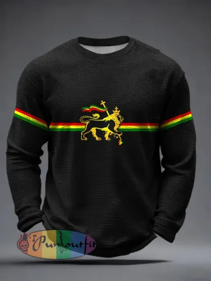 Men’s Reggae Music Inspired Lion Print Waffle Long-Sleeve T-Shirt
