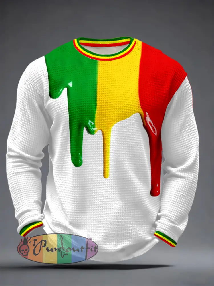 Men’s Reggae Music Inspired Print Waffle Long-Sleeve Top