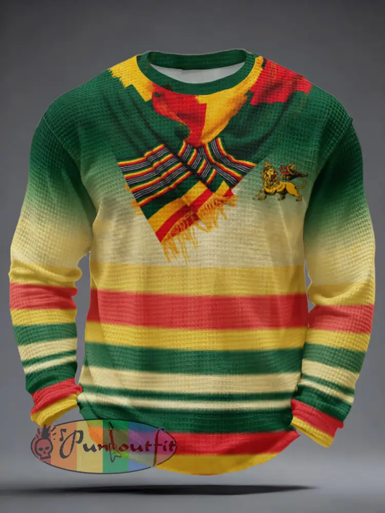 Men’s Reggae Music Inspired Lion Waffle Long Sleeve T-Shirt