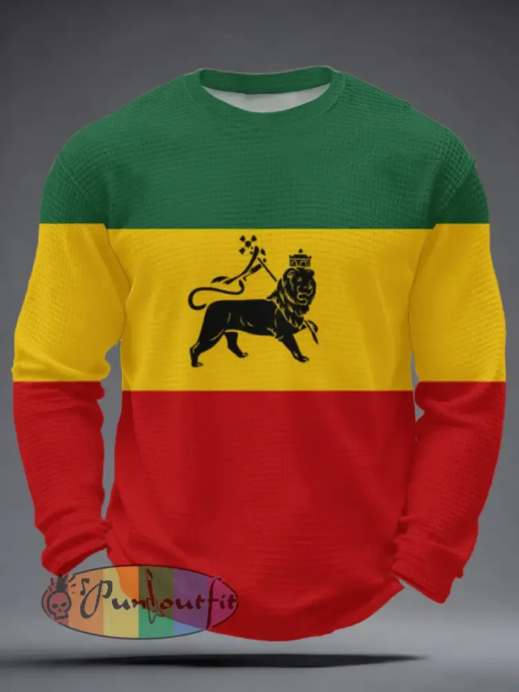 Men’s Reggae Music Inspired Lion Waffle Long Sleeve T-Shirt
