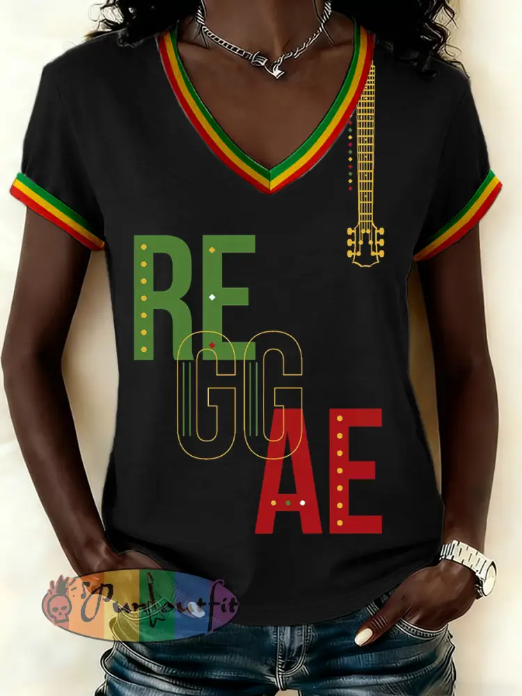 Women’s Reggae Music Inspired Print V-Neck T-Shirt