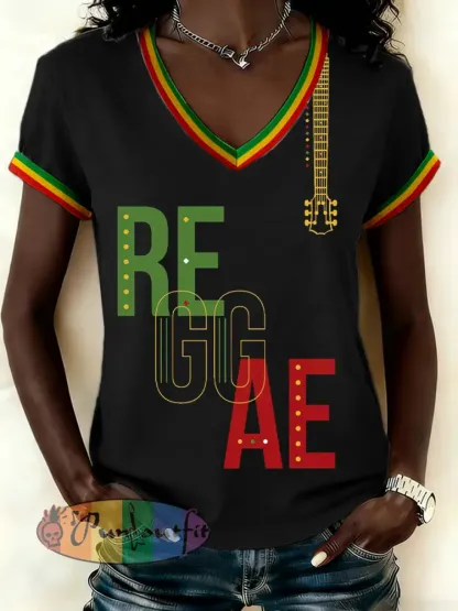 Women’s Reggae Music Inspired Print V-Neck T-Shirt