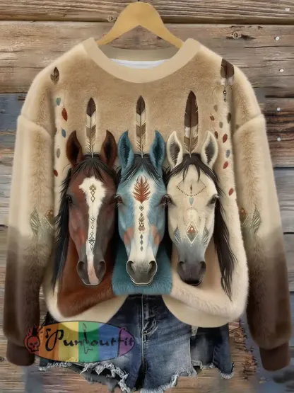 Women’s Vintage Western Ethnic Horses Cozy Flannel Sweatshirt