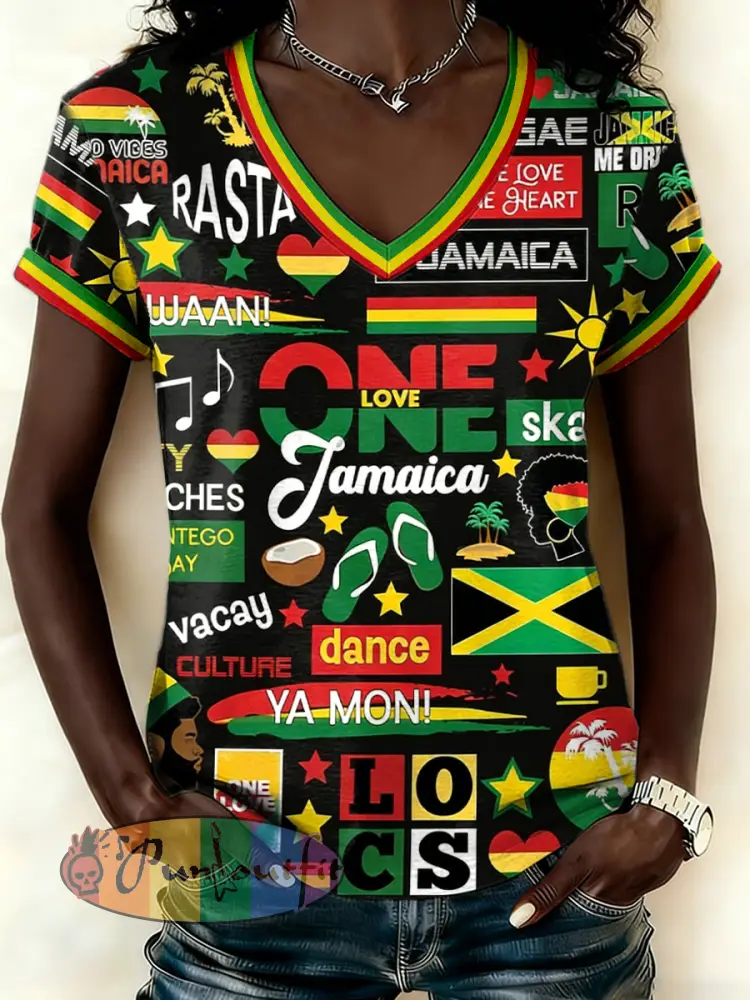 Women’s Reggae Music Inspired Print V-Neck T-Shirt