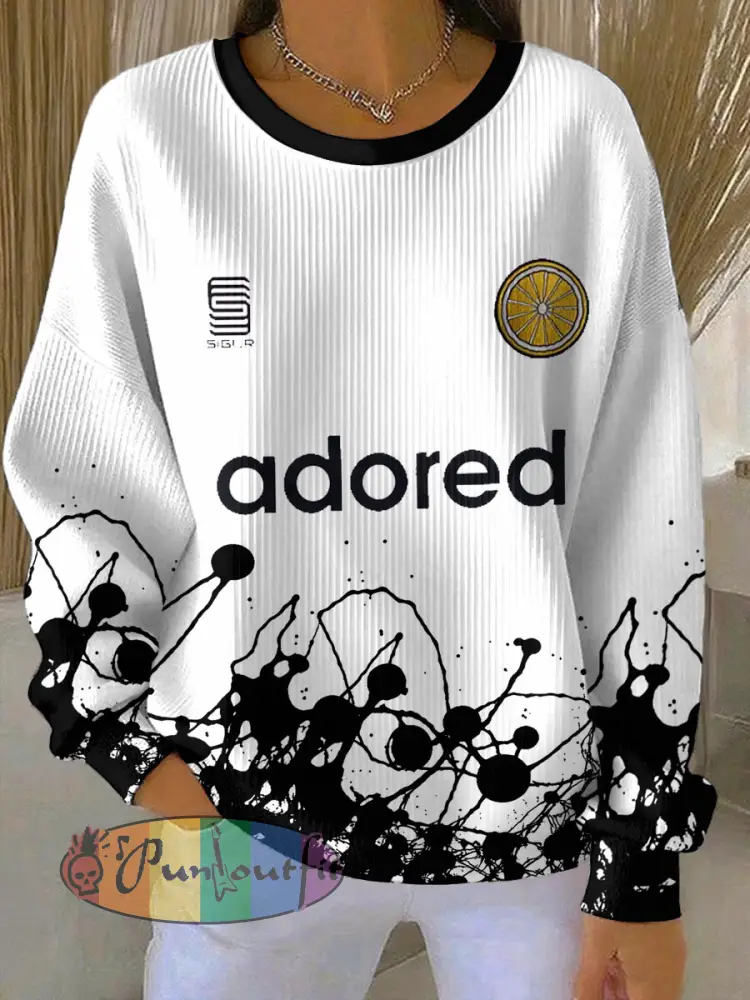 Women’s Lemon Roses Music Lover Printed Ribbed Round-Neck Sweatshirt