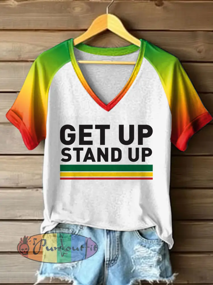 Women’s Reggae Printed Vintage Fashion V-Neck Loose Short Sleeve T-Shirt