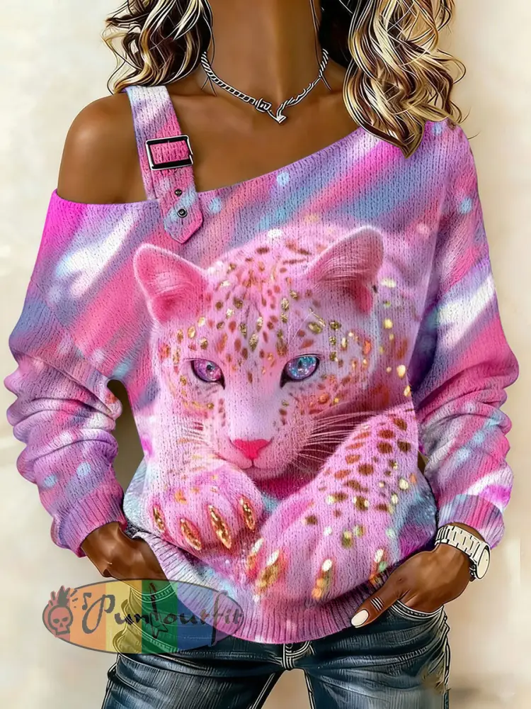 Women’s Pink Leopard Print Off-Shoulder Tops