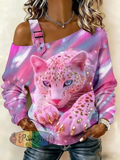 Women’s Pink Leopard Print Off-Shoulder Tops