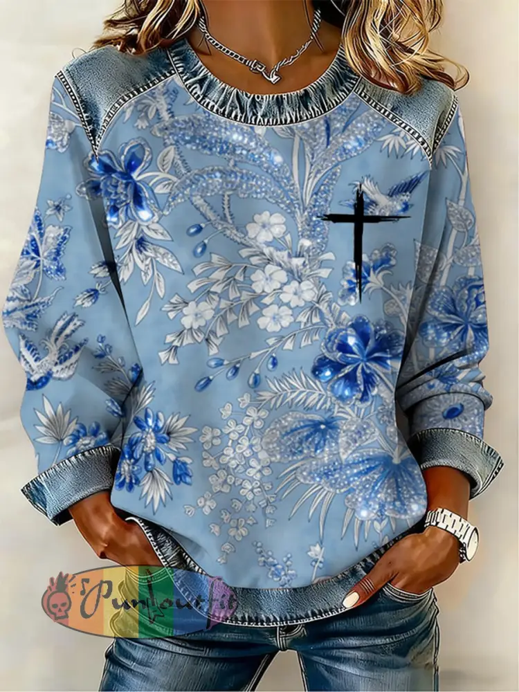 Women’s Cross Flowers Denim Patchwork Top