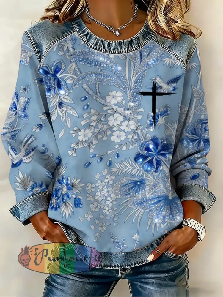Women’s Cross Flowers Denim Patchwork Top