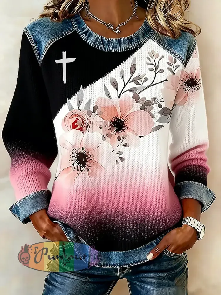 Women’s Cross Flowers Denim Patchwork Top