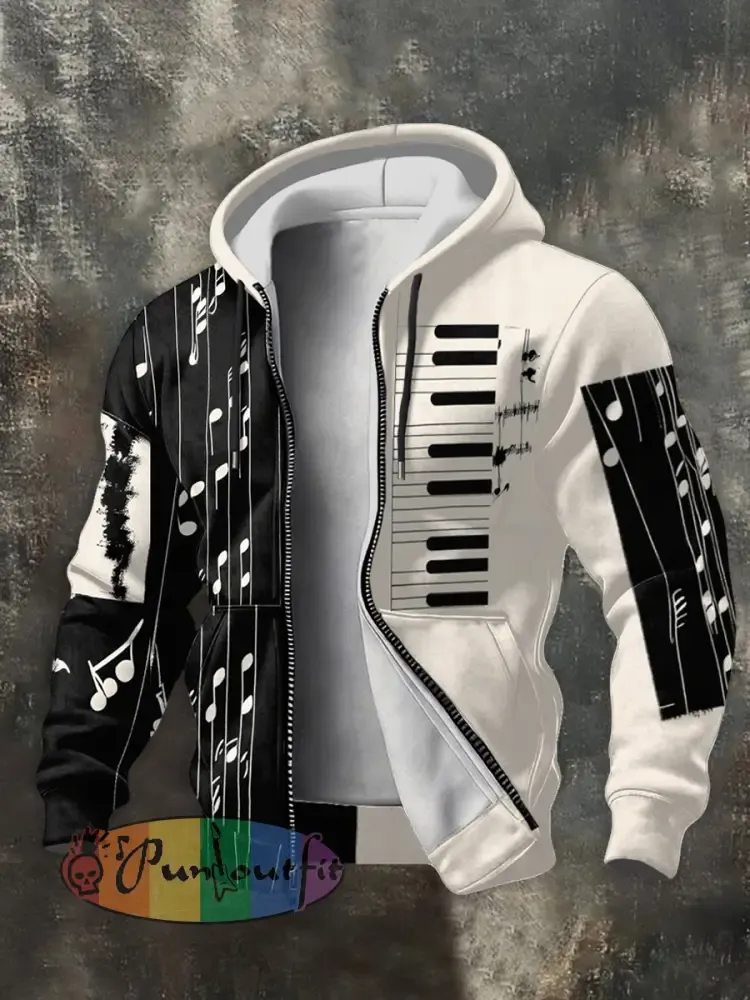 Men’s Music Note Art Print Zip-Up Hoodie