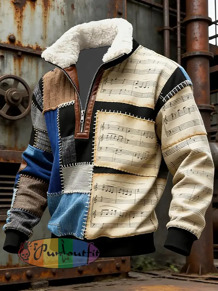 Men’s Music Note Art Print baggy zip-up hoodie