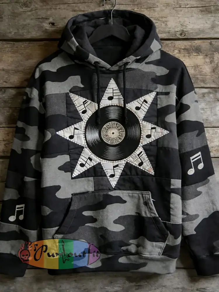 Men’s Music Note Art Print Casual Hoodie with Pocket