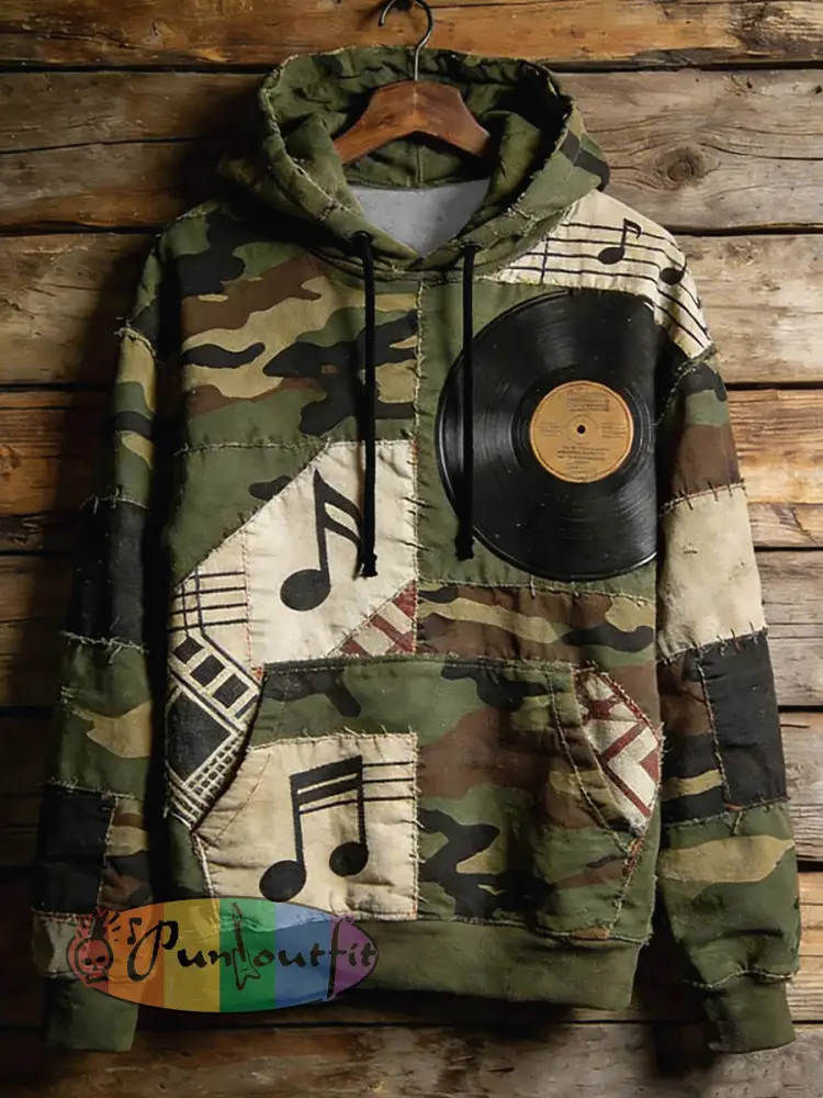 Men’s Music Note Art Print Casual Hoodie with Pocket