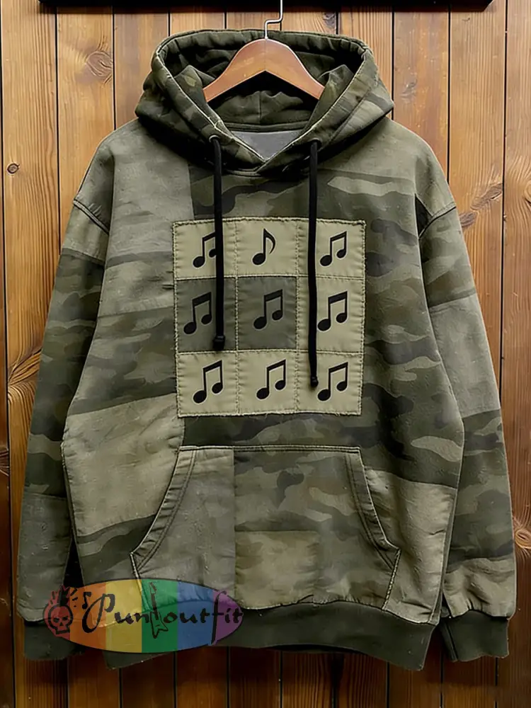 Men’s Music Note Art Print Casual Hoodie with Pocket
