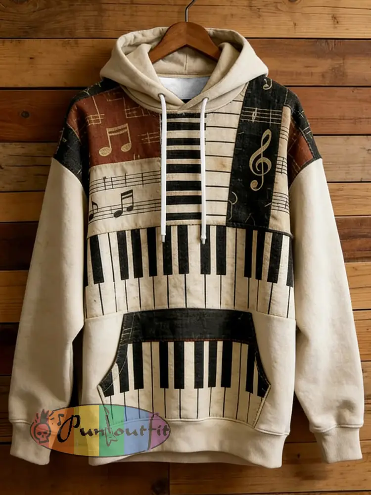 Men’s Music Note Art Print Casual Hoodie with Pocket