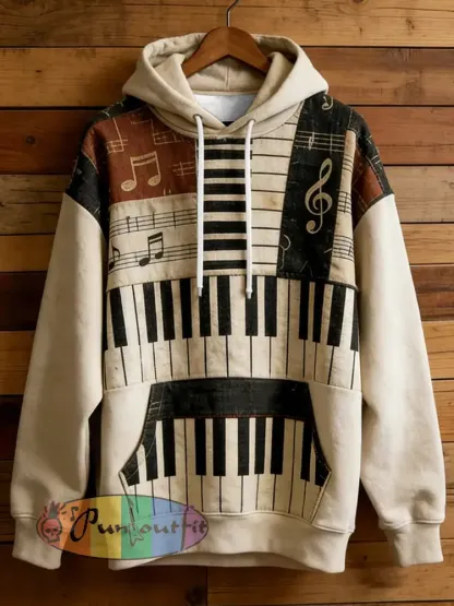 Men’s Music Note Art Print Casual Hoodie with Pocket