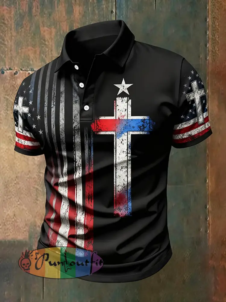 Men’s Vintage Casual Faith Cross Patriot Button-Down Short Sleeve polo shirt
