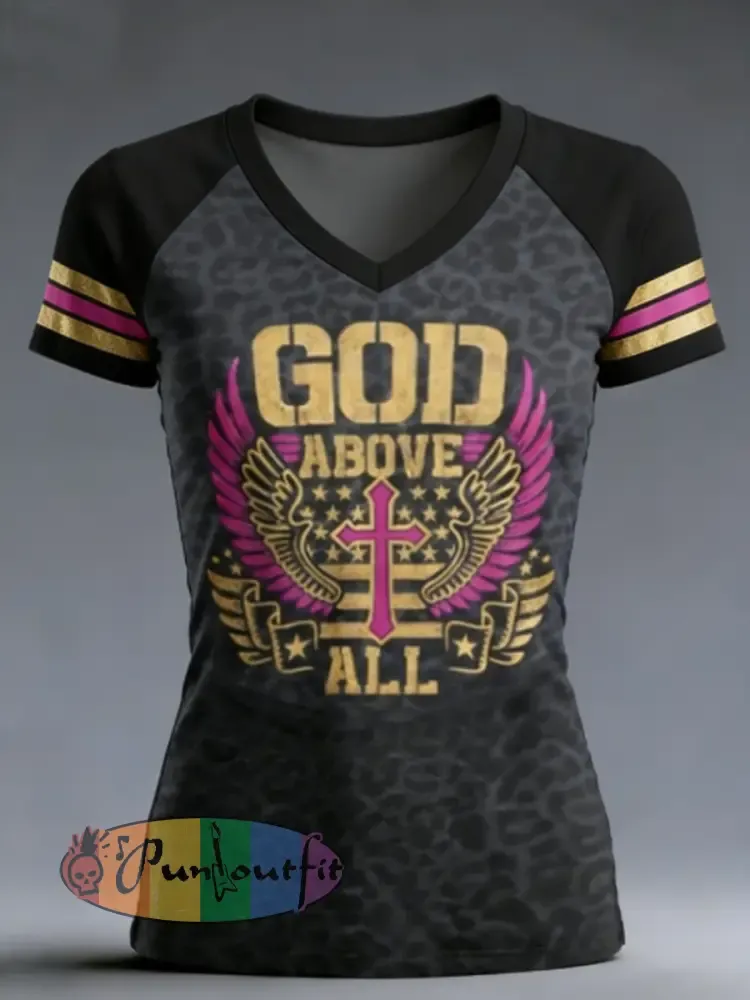 Women’s GOD ABOVE ALL V-neck off-shoulder short-sleeved T-shirt