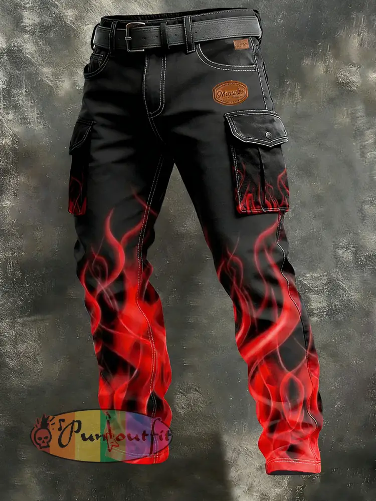 Men’s Business-Style Flame Print Retro Art Casual Workwear Trousers
