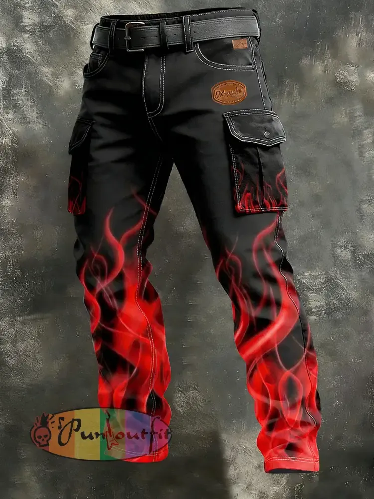 Men’s Business-Style Flame Print Retro Art Casual Workwear Trousers