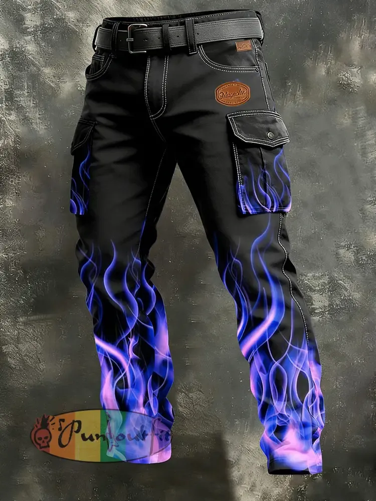 Men’s Business-Style Flame Print Retro Art Casual Workwear Trousers