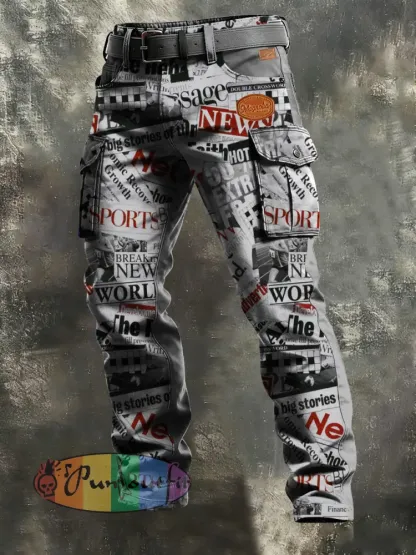 Men’s Business-Style Newspaper Print Retro Art Casual Workwear Trousers