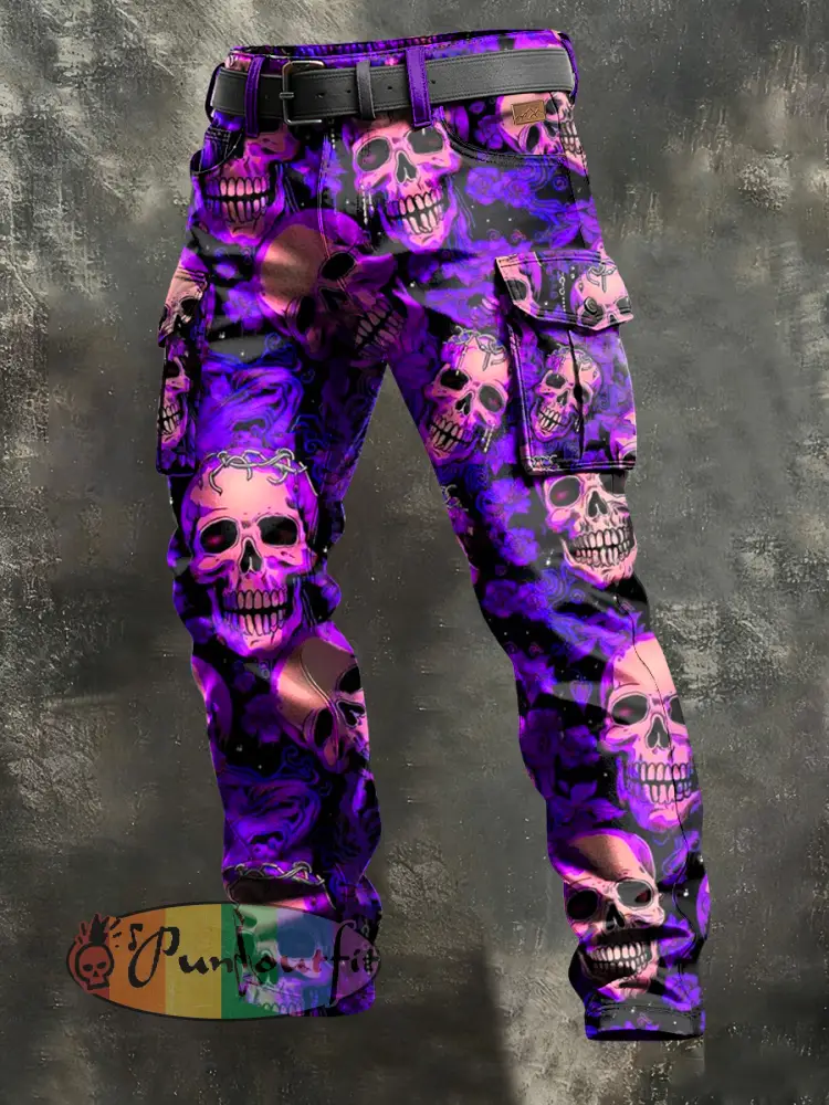 Men’s Retro Vacation Business Art Skull Print Casual Workwear Trousers