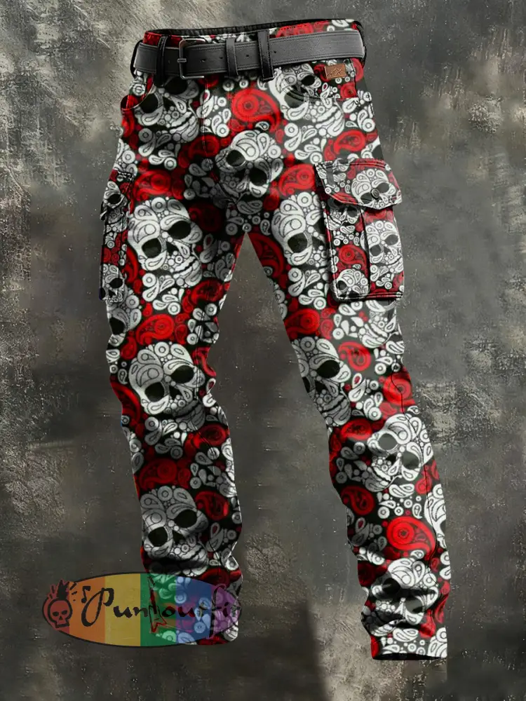 Men’s Retro Vacation Business Art Skull Print Casual Workwear Trousers