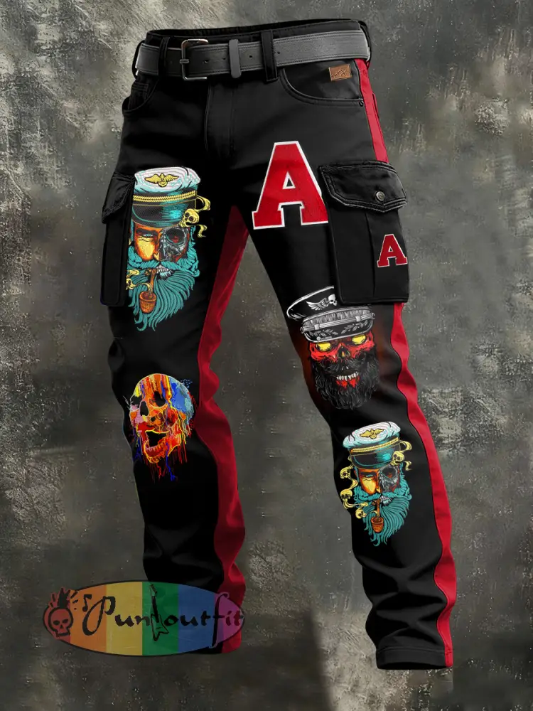 Men’s Retro Vacation Business Art Skull Print Casual Workwear Trousers