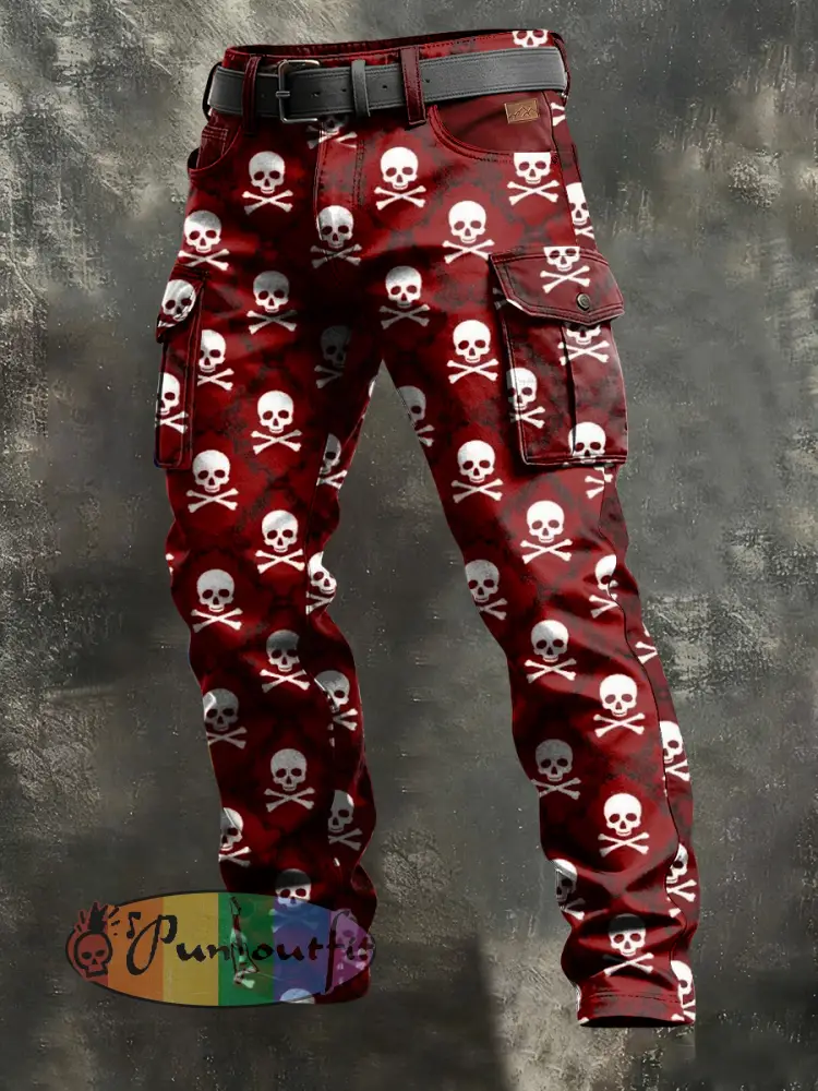 Men’s Retro Vacation Business Art Skull Print Casual Workwear Trousers
