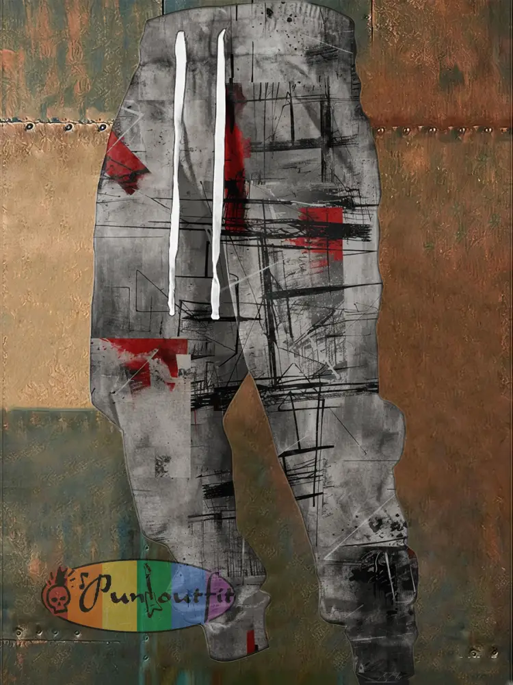 Men’s Sleek Grey-Red Modern Art Sweatpants